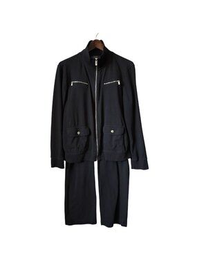 Vintage Chaps Womens Large Pant Set Soft Knit Black Jacket Pants Silver Metal